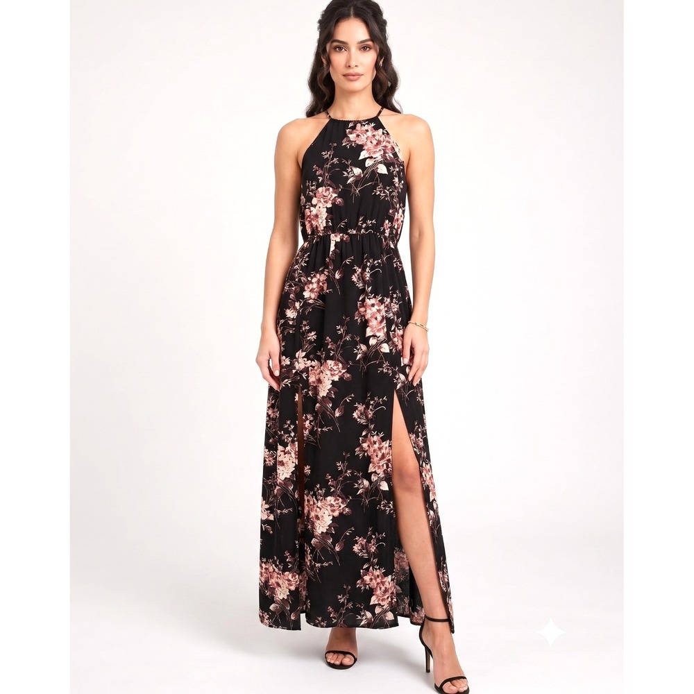 Lulus Black Floral Maxi Dress Sz S Halter Neck Double Slit Boho, Romantic Resort